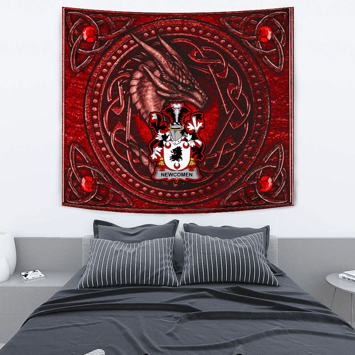 1stIreland Ireland Tapestry - Newcomen or Newcombe Irish Family Crest Tapestry - Celtic Dragon With Celtic Knot Tapestry Red A7 | 1stIreland