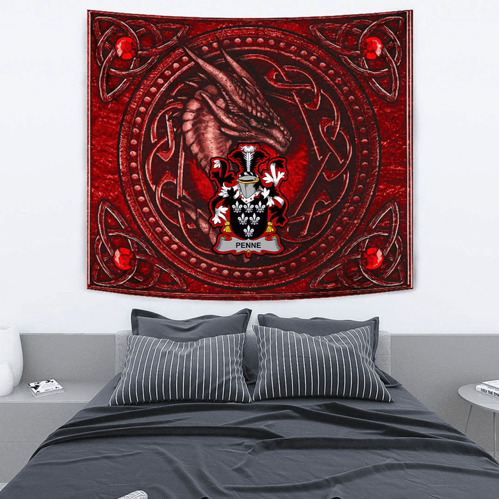 1stIreland Ireland Tapestry - Penne or Penn Irish Family Crest Tapestry - Celtic Dragon With Celtic Knot Tapestry Red A7 | 1stIreland