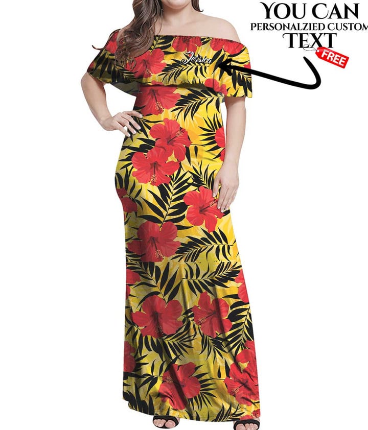 Women's Off Shoulder Long Dress - Tropical Flowers And Palm Leaves A7 | 1stIreland