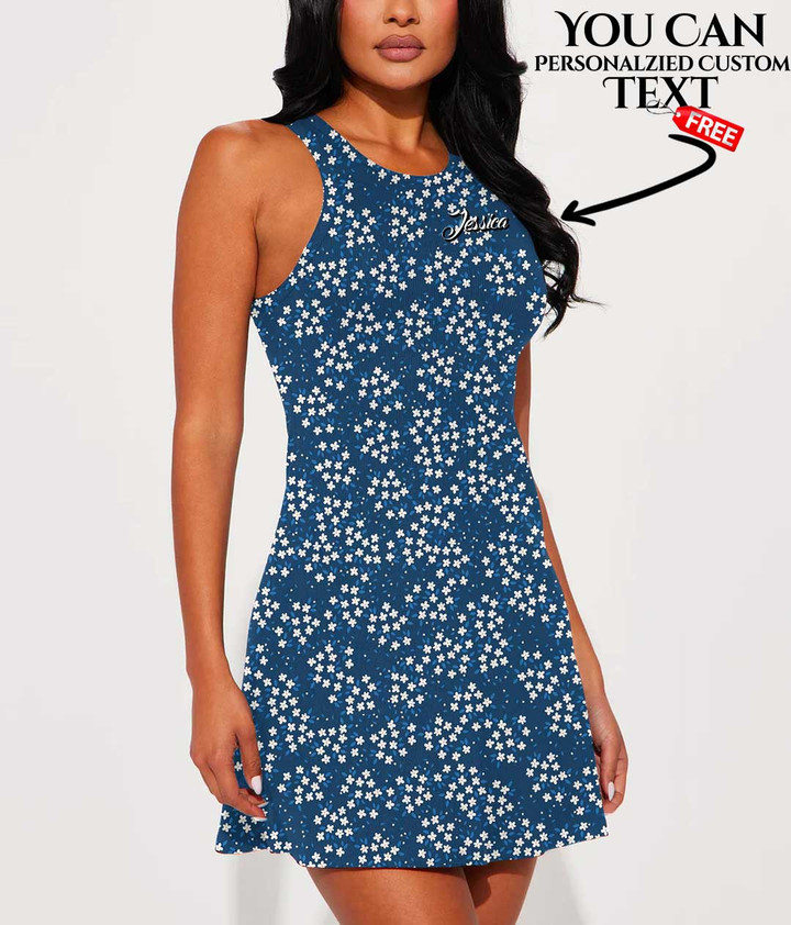 Women's Casual Sleeveless Dress - Youngful White Flowers and Navy Blue Very Harmonious Combination A7 | 1stIreland