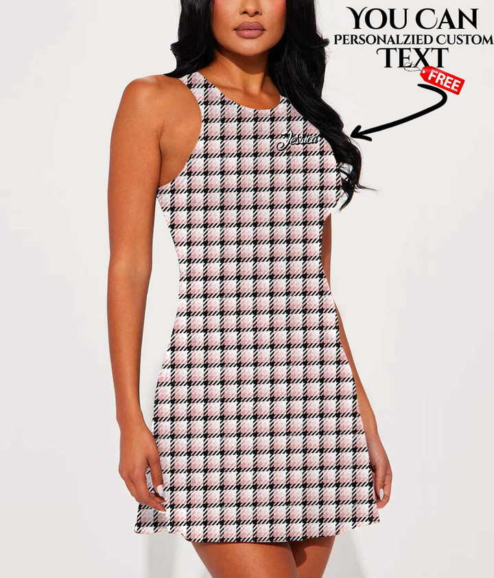 Women's Casual Sleeveless Dress - Trendy Fashion Rose Pink Houndstooth A7 | 1stIreland