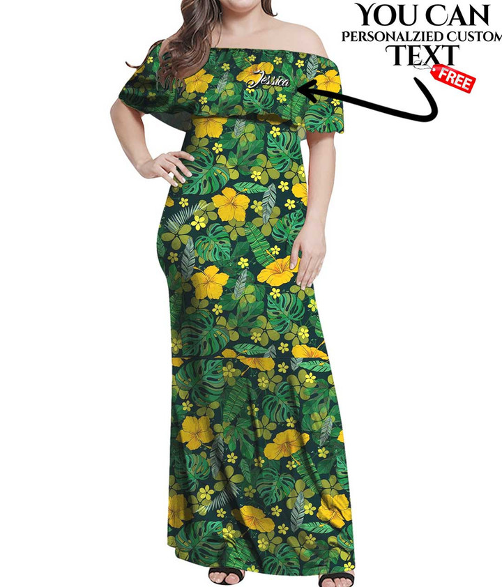 Women's Off Shoulder Long Dress - Tropical Floral Jungle Leaf A7 | 1stIreland