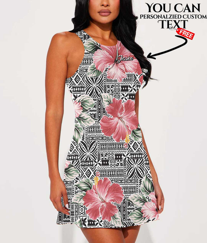 Women's Casual Sleeveless Dress - Pink Hibiscus Flower With Hawaiian Tribal A7 | 1stIreland