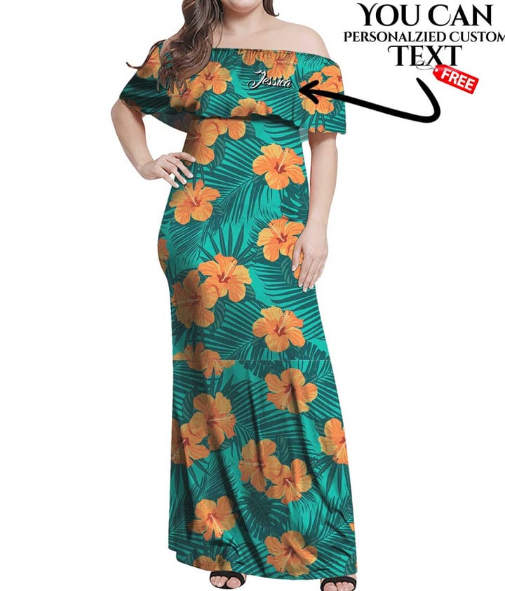 Women's Off Shoulder Long Dress - Tropical Flowers And Palm Leaves On A7 | 1stIreland