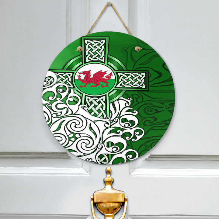 1stireland Hanging Door Sign -  Wales Celtic - Welsh Dragon Flag with Celtic Cross Hanging Door Sign | 1stireland
