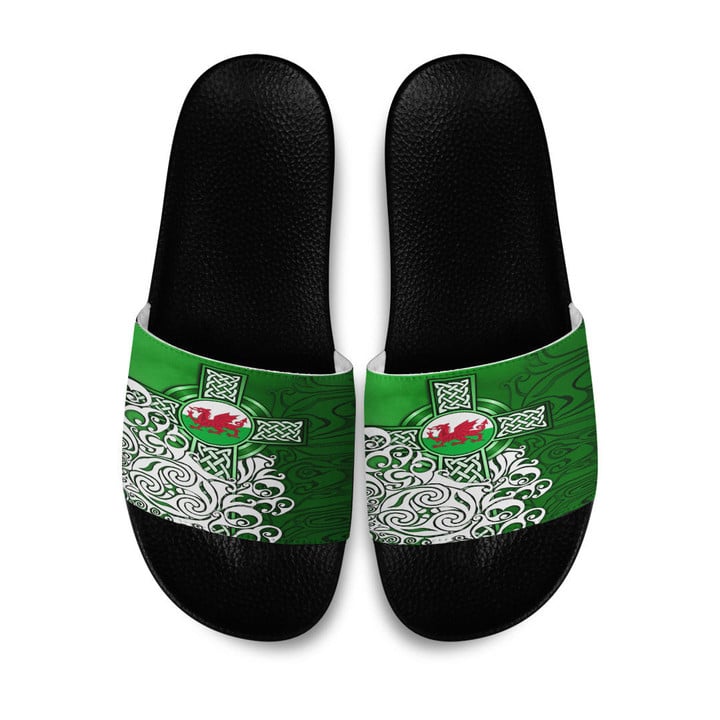 1stireland Slide Sandals -  Wales Celtic - Welsh Dragon Flag with Celtic Cross Slide Sandals | 1stireland
