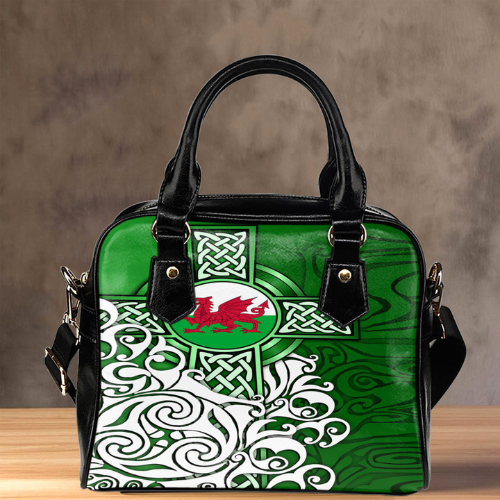 1stireland Shoulder Handbag -  Wales Celtic - Welsh Dragon Flag with Celtic Cross Shoulder Handbag | 1stireland
