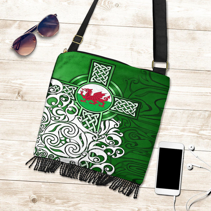 1stireland Crossbody Boho Handbag -  Wales Celtic - Welsh Dragon Flag with Celtic Cross Crossbody Boho Handbag | 1stireland
