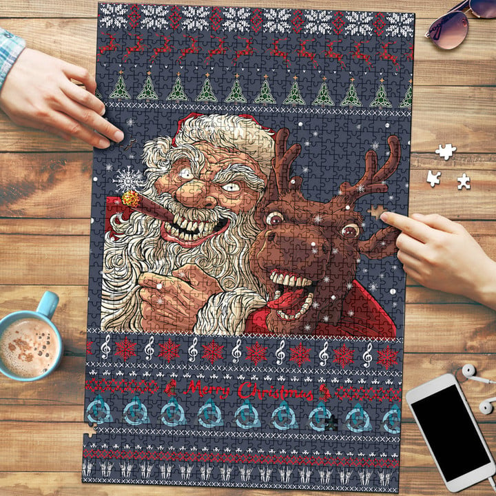 1stireland Jigsaw Puzzle -  Celtic Ugly Christmas Gangster Santa with Reindeer Jigsaw Puzzle | 1stireland

