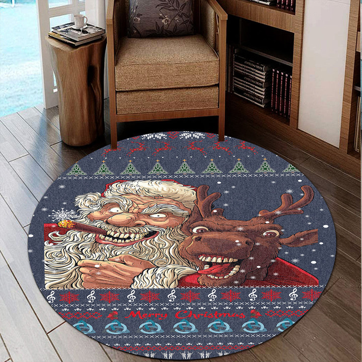1stireland Round Carpet -  Celtic Ugly Christmas Gangster Santa with Reindeer Round Carpet | 1stireland
