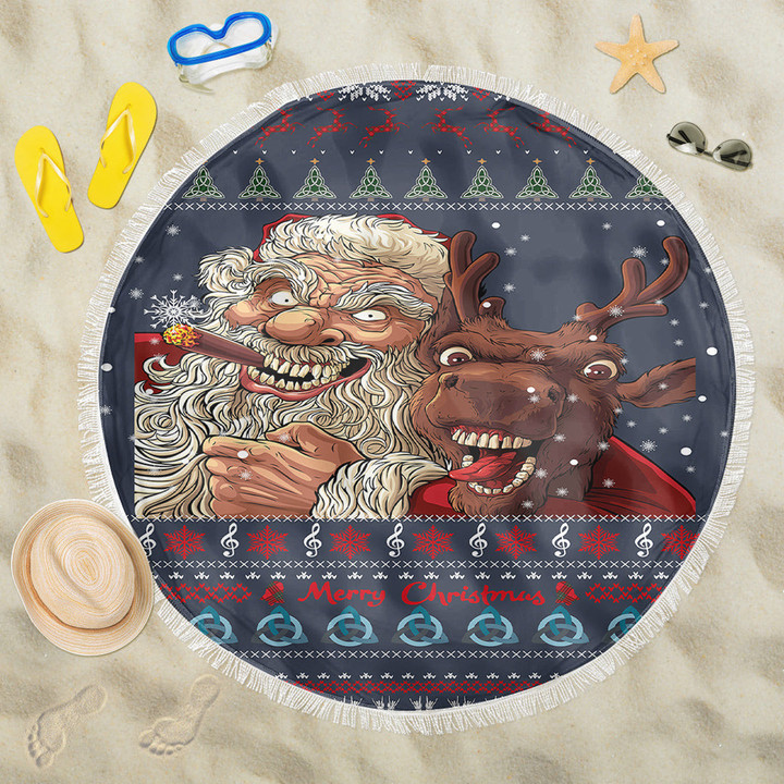 1stireland Beach Blanket -  Celtic Ugly Christmas Gangster Santa with Reindeer Beach Blanket | 1stireland
