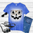 Jack O Lantern Face Pumpkin Halloween Leopard Print Glasses Tie Dye Bleached T-shirt