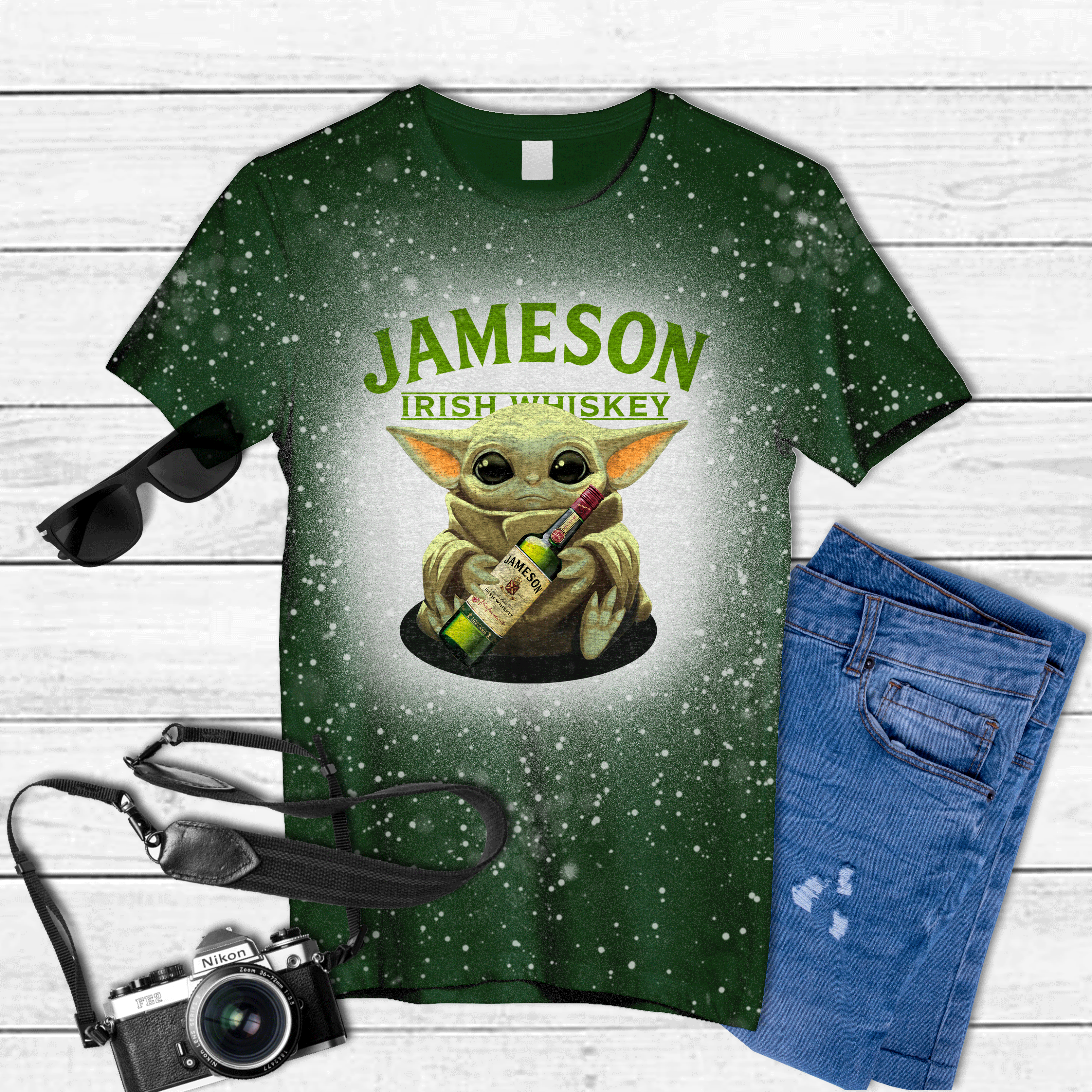 Baby yoda jameson irish whiskey Tie Dye Bleached T-shirt