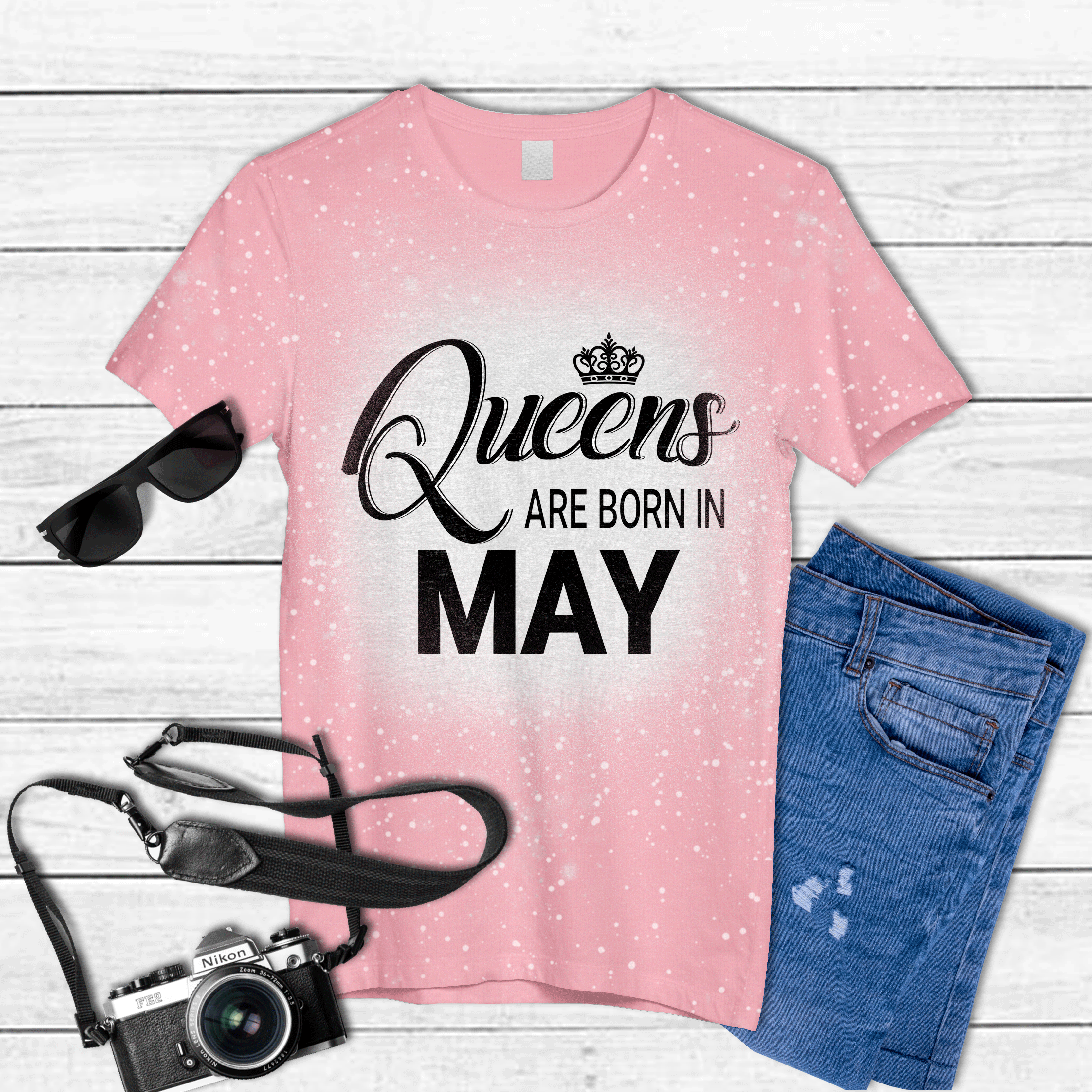 Birthday queen are born in May Tie Dye Bleached T-shirt