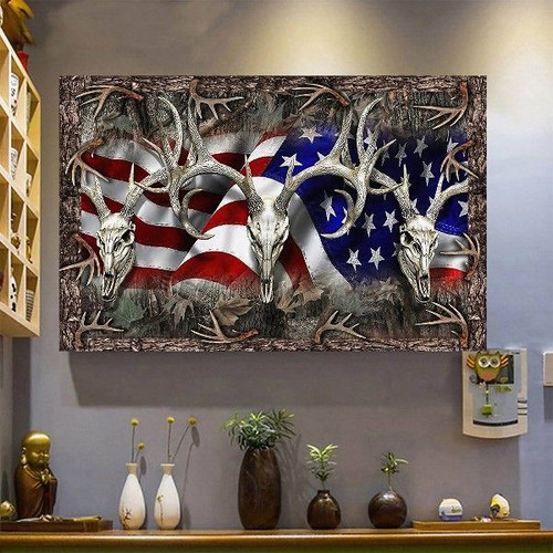 4th Of July Independence Day Deer Skull Hunting Home Living Room Wall Decor Horizontal Poster Canvas