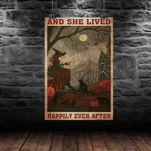Witch Halloween and she lived happily ever after Home Living Room Wall Decor Vertical Poster Canvas