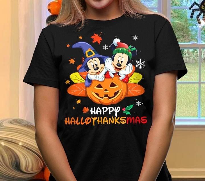 Mickey and Minnie Mouse Happy Hallothanksmas T Shirt Hoodie Sweater