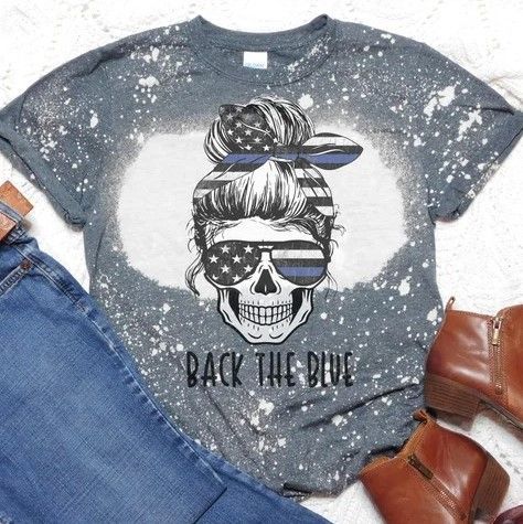 Thin Blue Line Shirt Skull Back the Blue Bleached shirt Tie Dye Bleached T-shirt