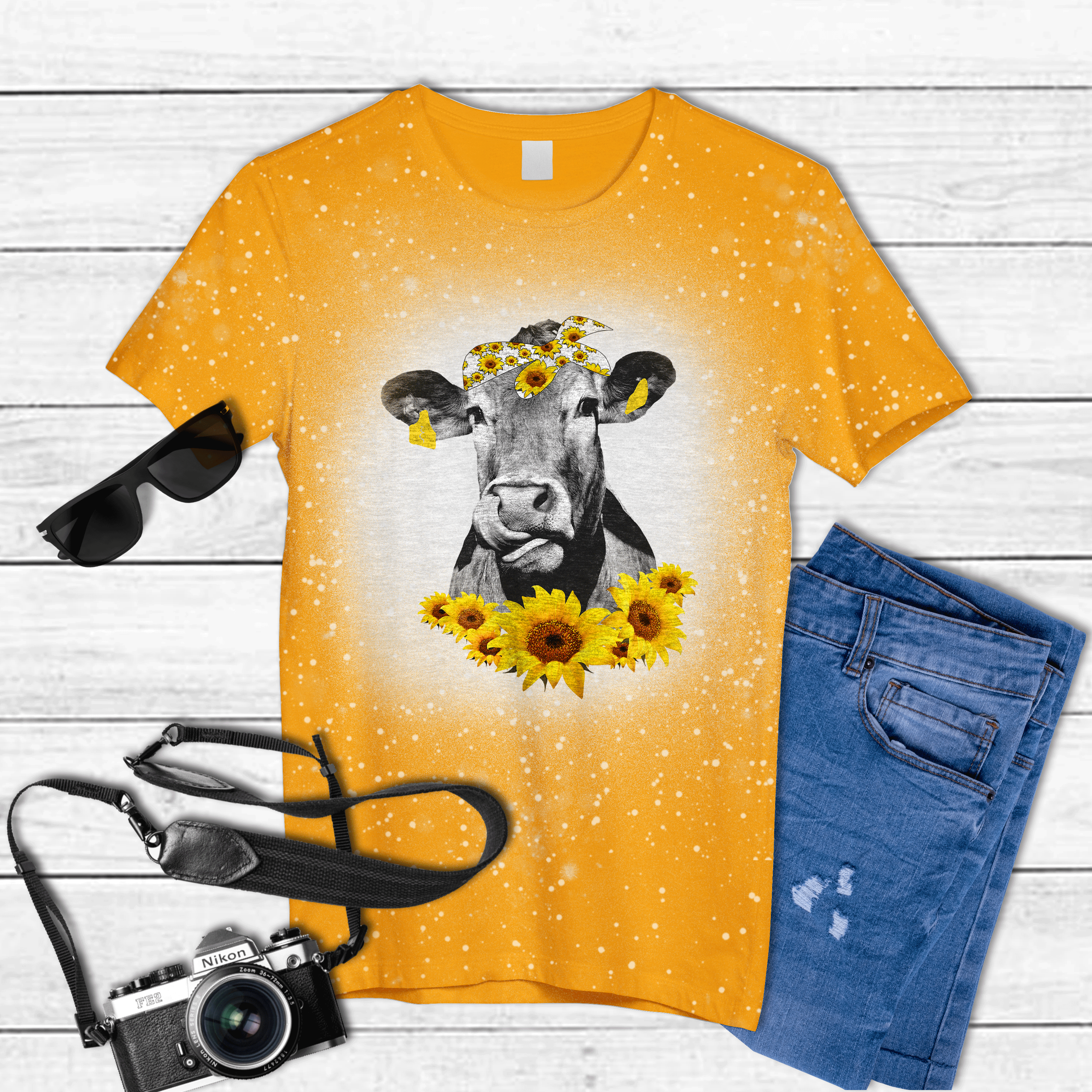Cow sunflower Tie Dye Bleached T-shirt
