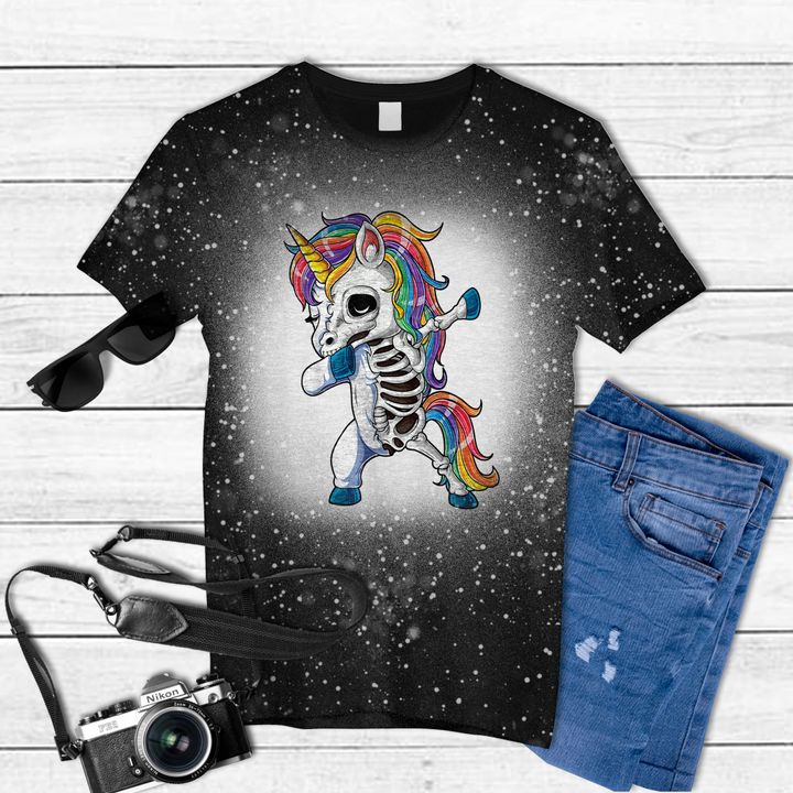 Dabbing Unicorn Skeleton T shirt Halloween Girls Dab Gifts Tie Dye Bleached T-shirt