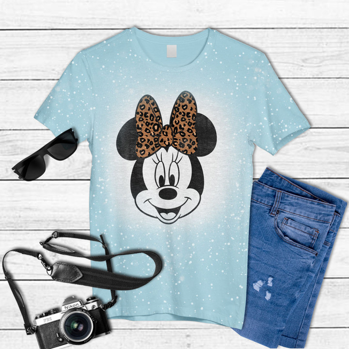Disney Mickey And Friends Minnie Mouse Leopard Bow Portrait Tie Dye Bleached T-shirt