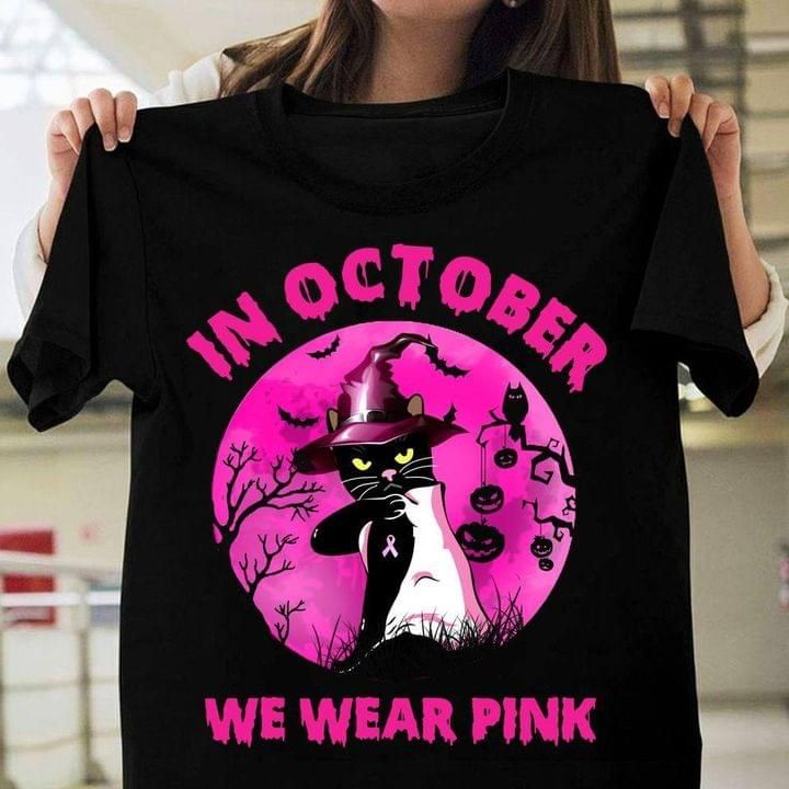 Black cat witch in october we wear pink breast cancer awareness T shirt hoodie sweater