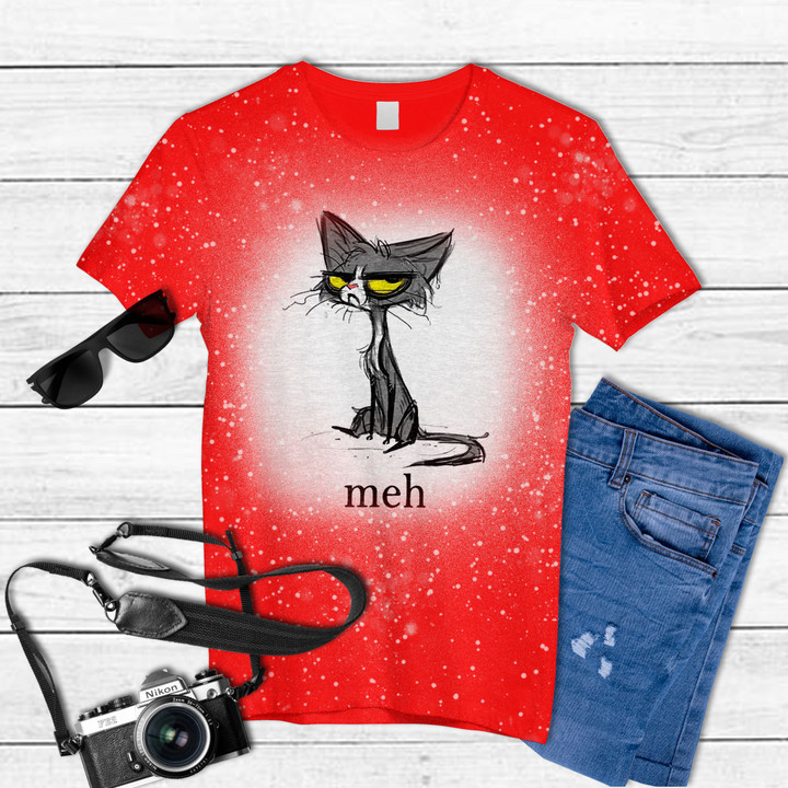 Funny Meh Cat Gift for Cat Lovers Tie Dye Bleached T-shirt