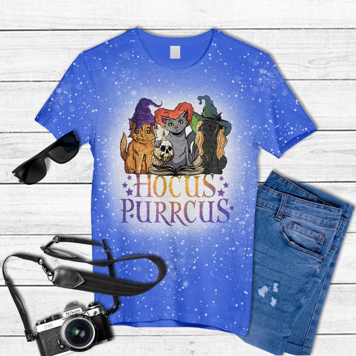 Hocus Pocus Halloween Witch Cats Funny Parody Tie Dye Bleached T-shirt