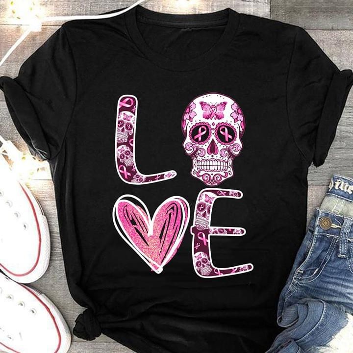Breast Cancer Awareness Love Skull T Shirt Hoodie Sweater