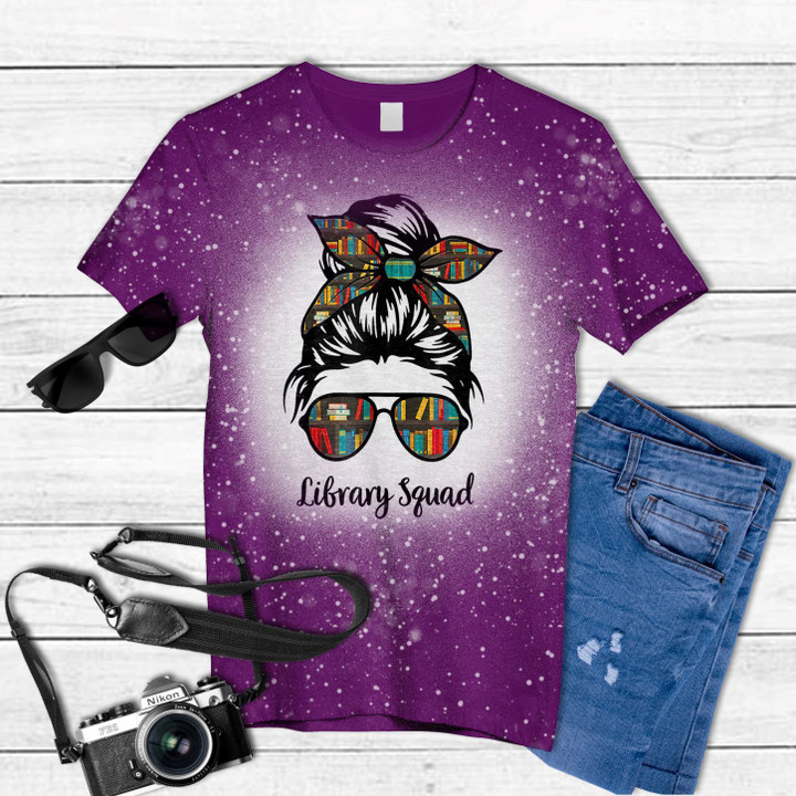 Library Squad Messy Bun Teacher Book Lovers Librarian Funny Tie Dye Bleached T-shirt