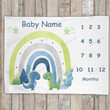 Personalized Dinosaur & Rainbow Monthly Milestone Blanket, Newborn Blanket, Baby Shower Gift Track Growth Keepsake