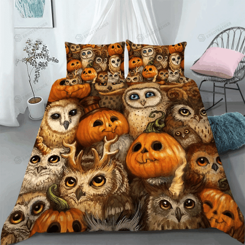 3D Halloween Owl Pumpkin Cotton Bed Sheets Spread Comforter Duvet Cover Bedding Sets