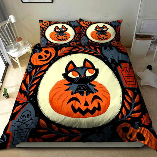 3D Black Cat In The Pumpkin Halloween Cotton Bed Sheets Spread Comforter Duvet Cover Bedding Sets