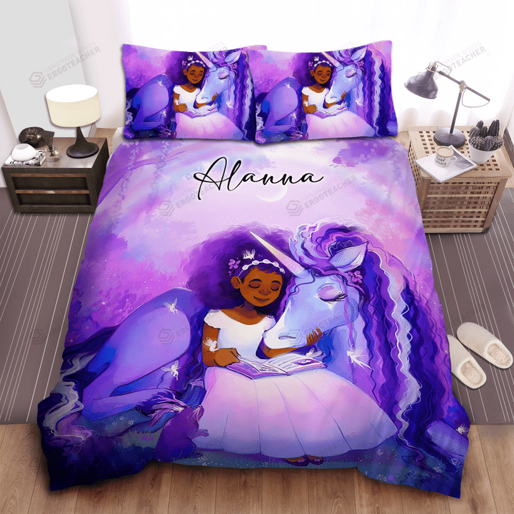 Black Little Girl With Unicorn Custom Name Duvet Cover Bedding Set