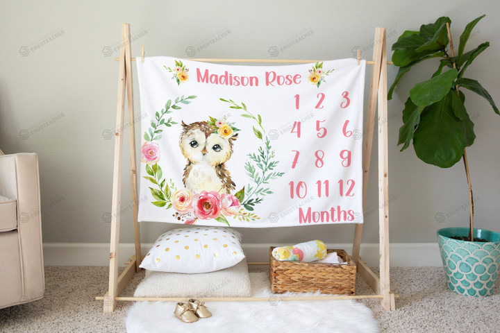 Personalized Owl & Rose Monthly Milestone Blanket, Newborn Blanket, Baby Shower Gift Watch Me Grow Monthly