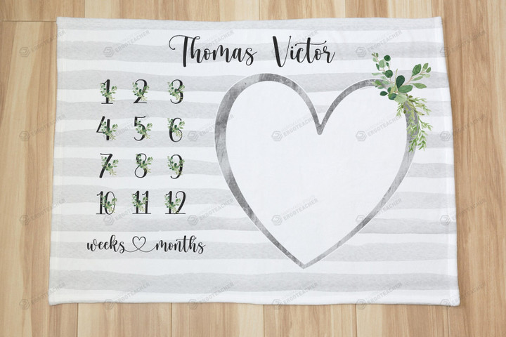 Personalized Eucalyptus Leaves Monthly Milestone Blanket, Newborn Blanket, Baby Shower Gift Watch Me Grow Monthly