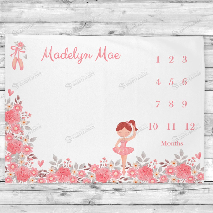 Personalized Ballerina And Pink Flowers Monthly Milestone Blanket, Newborn Blanket, Baby Shower Gift Track Growth And Age Monthly