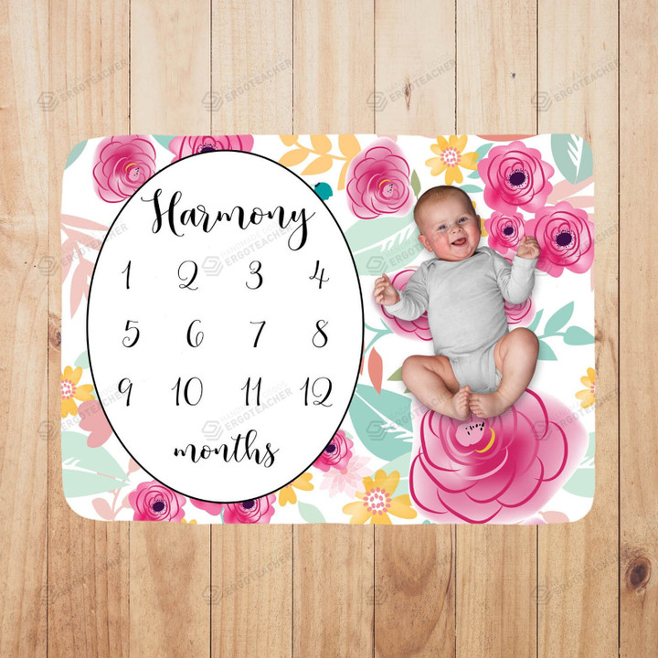 Personalized Watercolor Flower Monthly Milestone Blanket, Newborn Blanket, Baby Shower Gift Track Growth And Age Monthly