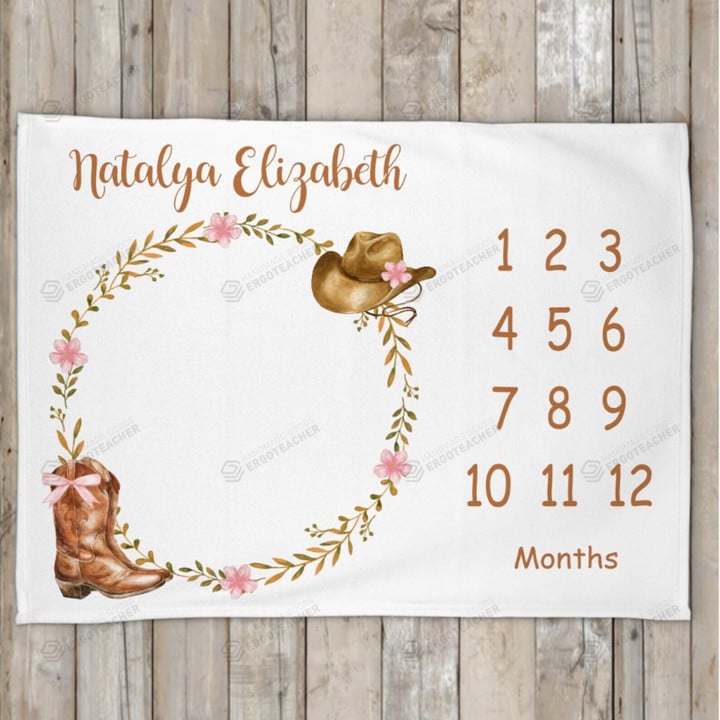 Personalized Cowboy Hat And Cowboy Boots Monthly Milestone Blanket, Newborn Blanket, Baby Shower Gift Monthly Growth Tracker