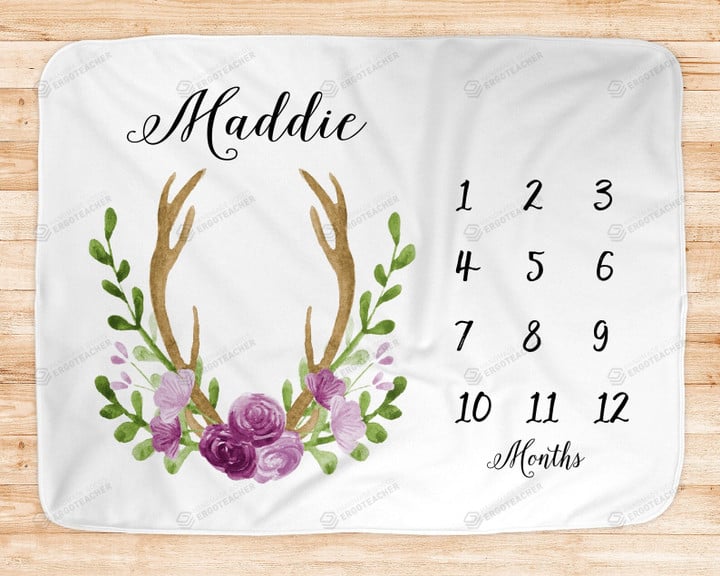 Personalized Antler With Purple Floral Monthly Milestone Blanket, Newborn Blanket, Baby Shower Gift Grow Chart Monthly