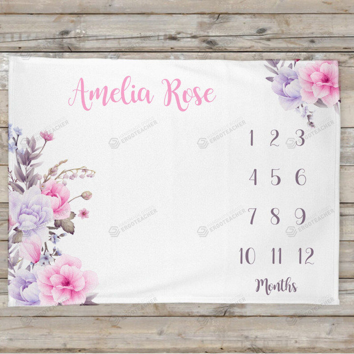 Personalized Pink Floral Monthly Milestone Blanket, Newborn Blanket, Baby Shower Gift Grow Chart Monthly
