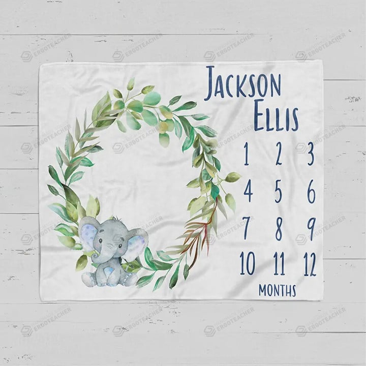 Personalized Elephant And Leaves Wreath Monthly Milestone Blanket, Newborn Blanket, Baby Shower Gift Grow Chart Monthly