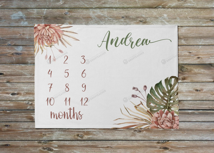 Personalized Palm Flower Monthly Milestone Blanket, Newborn Blanket, Baby Shower Gift Grow Chart Monthly