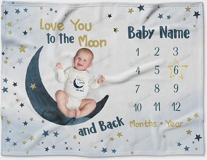 Personalized Love You To The Moon And Back Monthly Milestone Blanket, Newborn Blanket, Baby Shower Keepsakes Gift