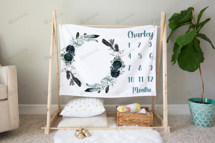 Personalized Floral Wreath Monthly Milestone Blanket, Newborn Blanket, Baby Shower Gift Watch Me Grow Monthly