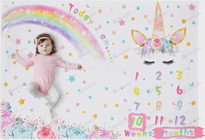 Unicorn & Rose Monthly Milestone Blanket, Rainbow Newborn Blanket, Baby Shower Gift Watch Me Grow Monthly