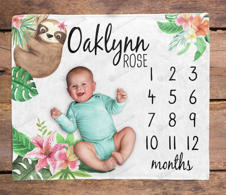 Personalized Sloth With Tropical Flower Monthly Milestone Blanket, Newborn Blanket, Baby Shower Gift Grow Chart Monthly
