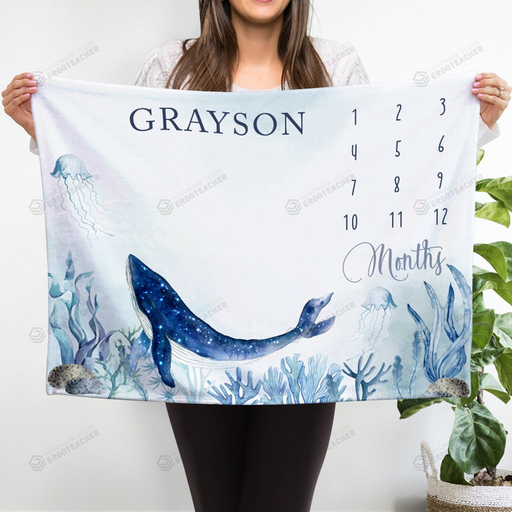 Personalized Blue Whale Monthly Milestone Blanket, Newborn Blanket, Baby Shower Gift Track Growth Keepsake