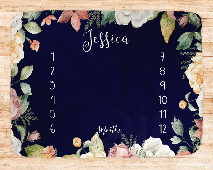 Personalized Navy And Pink Flower Monthly Milestone Blanket, Newborn Blanket, Baby Shower Gift Track Growth And Age Monthly