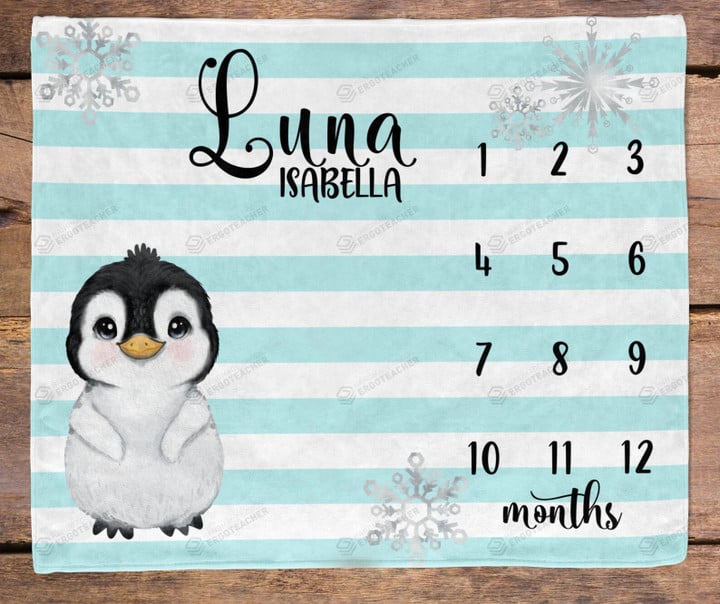 Personalized Penguin Monthly Milestone Blanket, Newborn Blanket, Baby Shower Gift Grow Chart Monthly